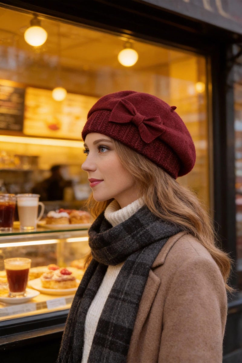 VECRY Women's 100% Wool Bucket Hat Felt Cloche Beret Dress Winter Beanie Hats (Beret-Claret) - Image 5